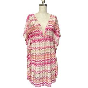 ELiF Pink and White Swim Coverup with V-Neck and Flutter Sleeves